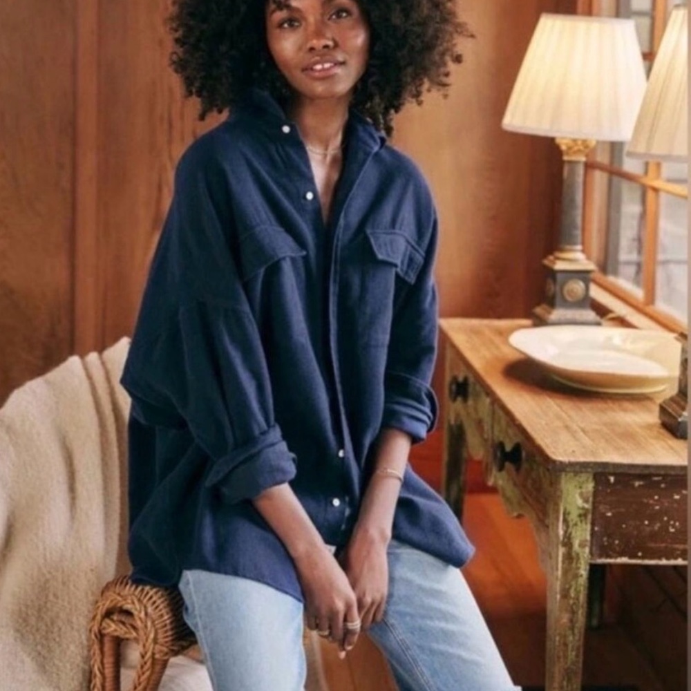 Frank & Eileen MCLOGHLIN Flannel‎ Button Down Shirt Sz XS/S Oversized Navy Blue